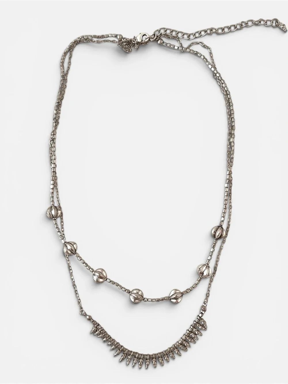 Trendy Silver Tone Double Layered Bead & Spike Necklace